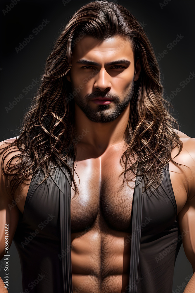 muscular man with long wavy brown hair muscular man with long wavy brown hair