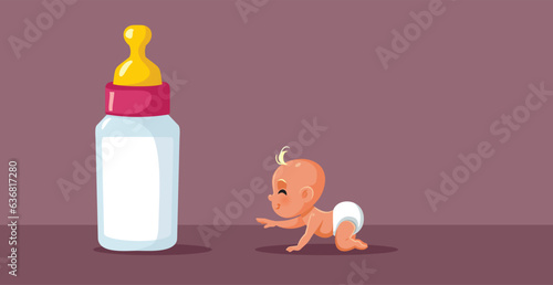 Hungry Little Baby Reaching for Huge Baby Bottle Concept Illustration. Cheerful little child craving for more milk to drink
