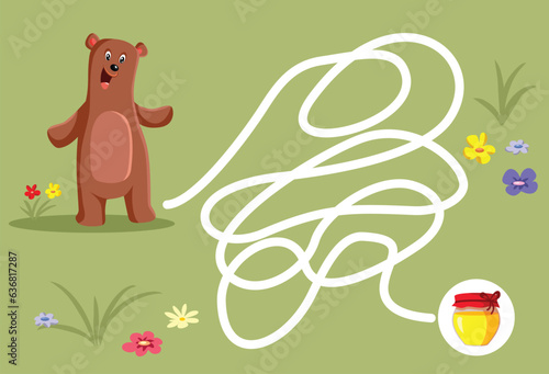 Funny Bear Looking for Honey Children Maze Game Vector Design. Kids activity illustration with a cute animal in cartoon style 
