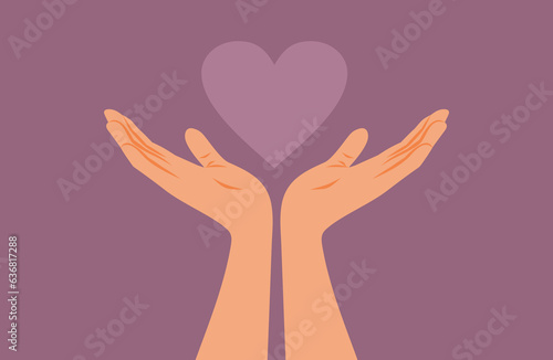 Hands Holding a Heart Sharing with Generosity Vector Cartoon illustration. Open-hearted person expressing love and empathy 
