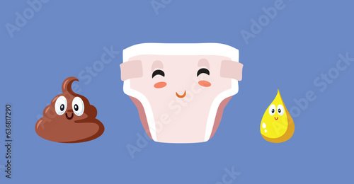 Funny Diaper, Pee and Poo Vector Cartoon Characters Set. Cheerful icons for little baby bowl movement and pee time 

