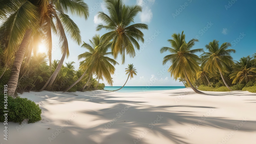 Fototapeta premium Vibrant 3D illustration of an exotic beach with palm trees by the sea