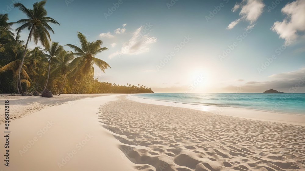Vibrant 3D illustration of an exotic beach with palm trees by the sea