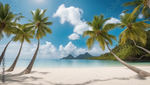 Vibrant 3D illustration of an exotic beach with palm trees by the sea © svetjekolem
