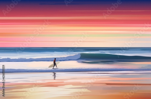 Life style, sport, holidays concept. A surfer with surfboard on the beach at sunrise. Abstract holiday backdrop in stylised watercolour design. Ai generated illustration. 