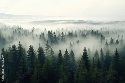 Foggy pine forest view from above Generative AI. © Lana_M