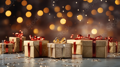 Wallpaper Mural Gift box with ribbon and bow festive decorative with glitter sparkles and bokeh. Concept of design for Birthday, Merry Christmas, New Year, holiday, anniversary, valentine, wedding. Generative AI Torontodigital.ca