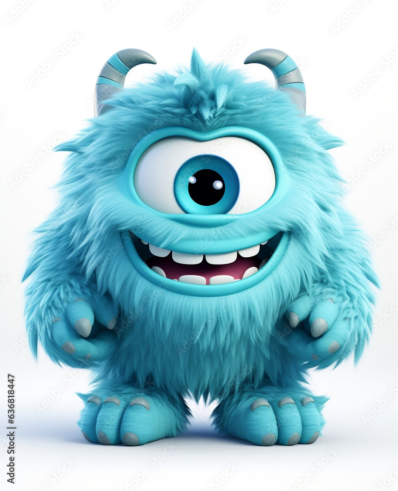Playful Blue Monster Character in 3D Animation, Isolated on White
