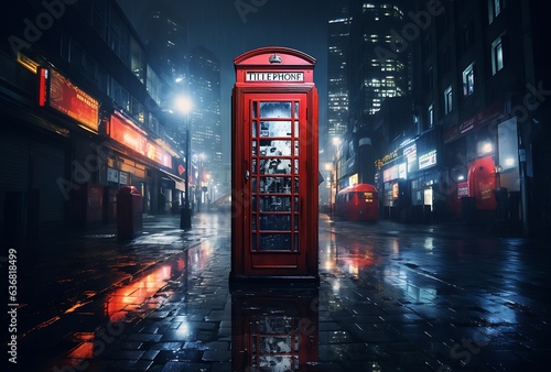 Red telephone box in the misty city at night © Gorilla Studio