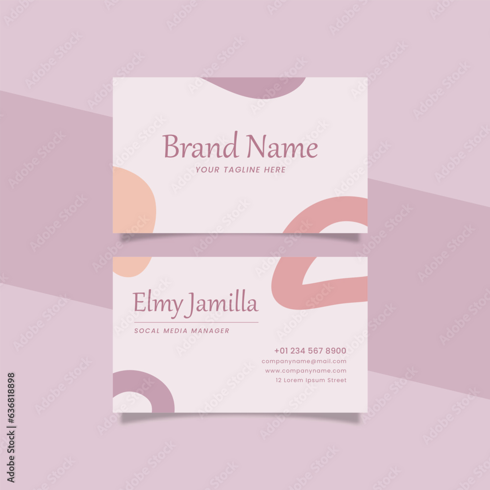 Printable Aesthetic Business Card Template Decorated with Organic Object Purple and Orange Color Pastel Background