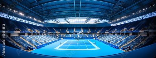 Tennis arena with empty seats and floodlights, 3d render