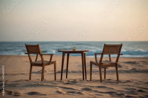 A table and chairs on the beach at sunset, created by Generative AI