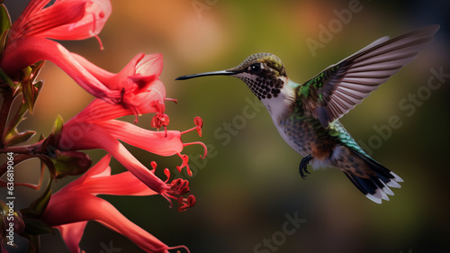 A hummingbird hovering near a red flower to feed on nectar.