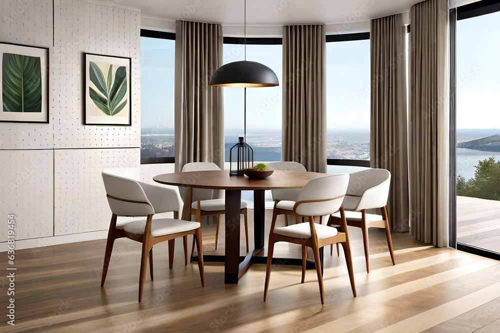 Scandinavian breakfast nook and dinner set. Modern dining room Scandinavian breakfast nook and dinner set. Modern dining room