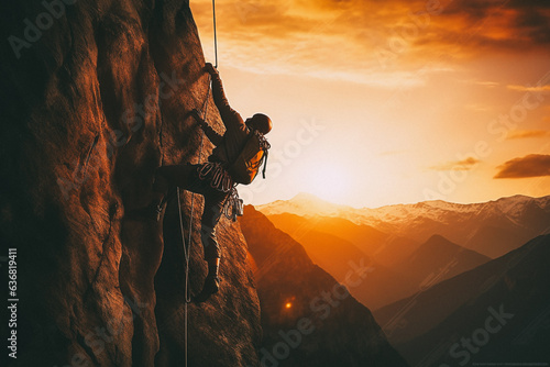 Man climbs up mountain