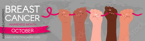 Banner for World Breast Cancer Awareness Month in October. Diverse female hands hold a pink ribbon. You are not alone. Modern vector illustration.
