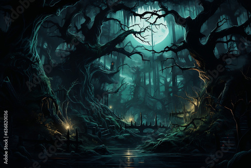 Haunted Shadows, Enigmatic Tree in Mysterious Midnight Forest