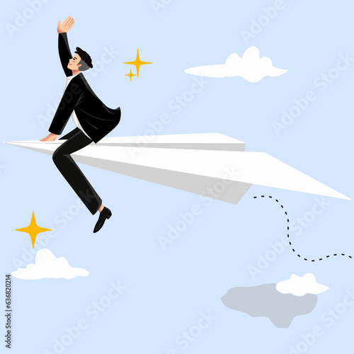 illustration vector graphic of businessman takes flight on a paper plane. fit for inspirational posters, presentations, website graphics, social media campaigns, printed collateral