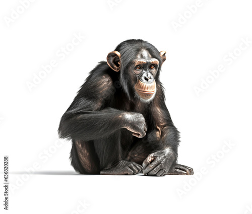 Young Chimpanzee, Simia troglodytes sitting in front of white background photo