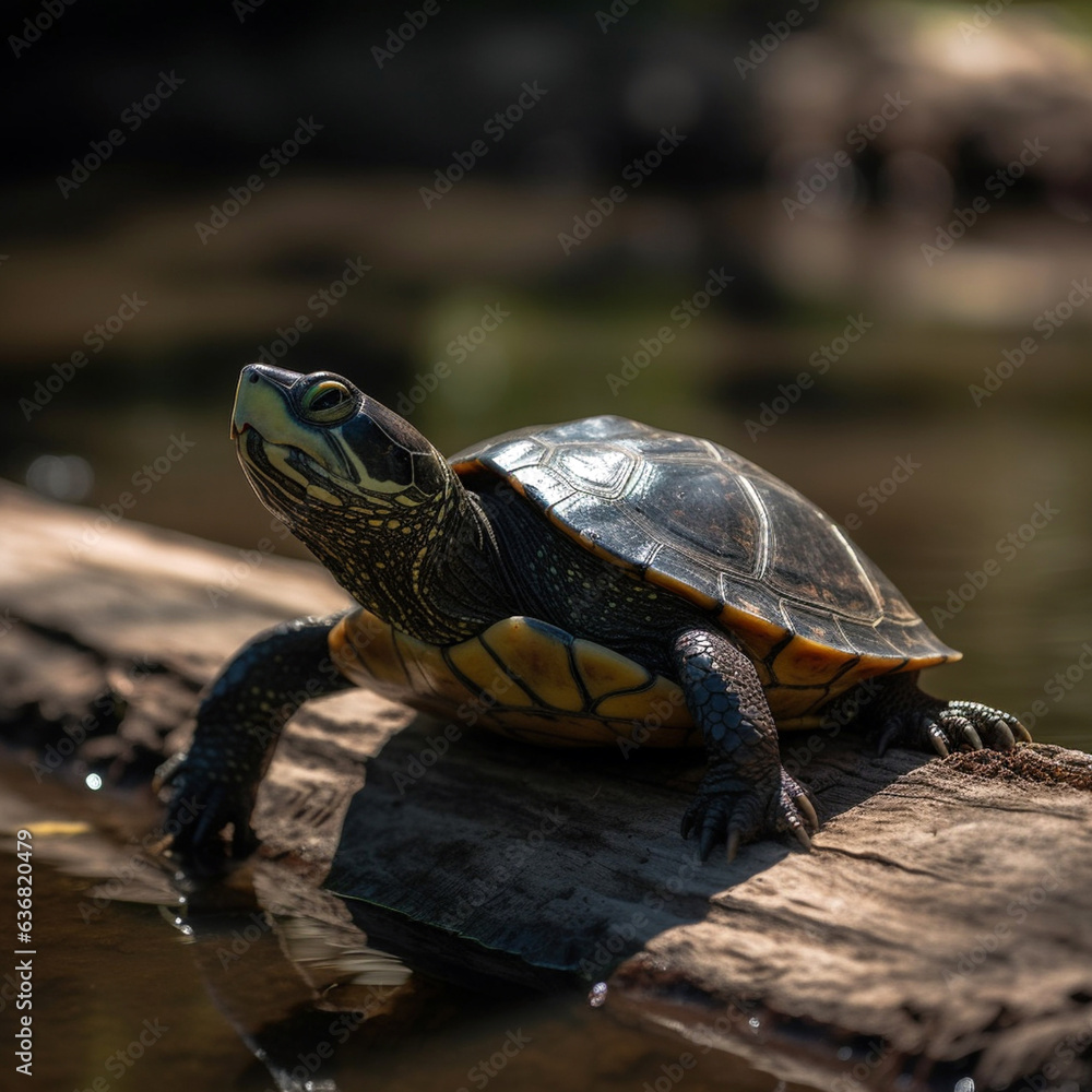 A free water cute turtle, in a nature reserve, basking on a branch coming out of the water A free water cute turtle, in a nature reserve, basking on a branch coming out of the water