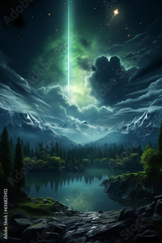 Meteor, green aurora, night sky. AI generative © SANGHYUN