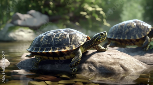 A free water beautiful turtle, in a nature reserve, basking on a branch coming out of the water