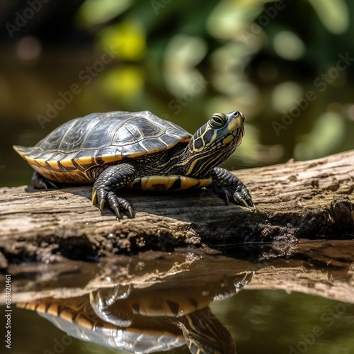 A free water beautiful turtle, in a nature reserve, basking on a branch coming out of the water