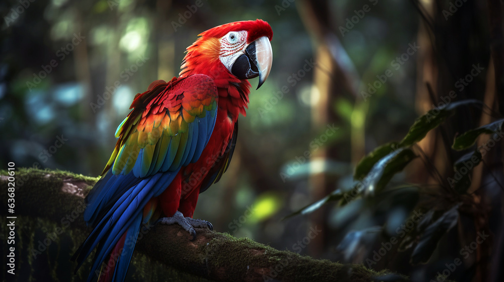 Red parrot (Macaw parrot) fly in dark green vegetation. Scarlet Macaw, Ara macao, in tropical forest