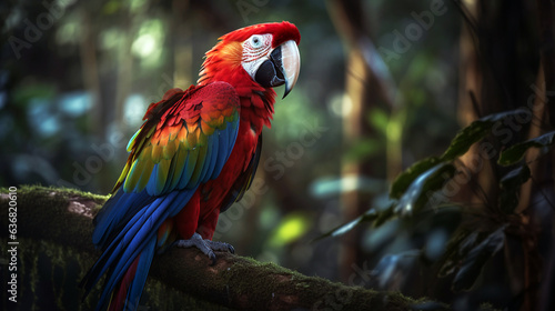 Red parrot (Macaw parrot) fly in dark green vegetation. Scarlet Macaw, Ara macao, in tropical forest