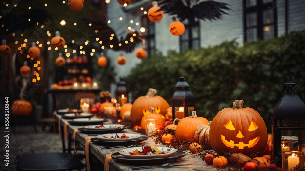 Obraz premium Halloween dinner table background set in a bustling outdoor courtyard. The table is covered with a vibrant orange tablecloth