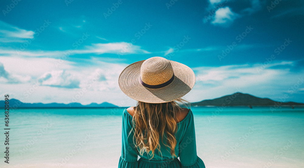 Woman wearing a straw hat stands on the beach