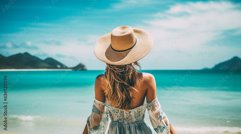 Woman wearing a straw hat stands on the beach