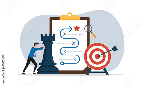 Man pushing rook chess piece, concept of strategic planning, business development strategy, tactics in entrepreneurship, strategic planning to overcome difficulty or obstacle to reach goal or target