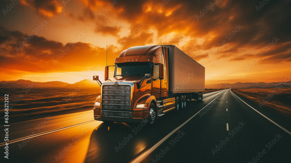 Truck driving down a highway at sunset