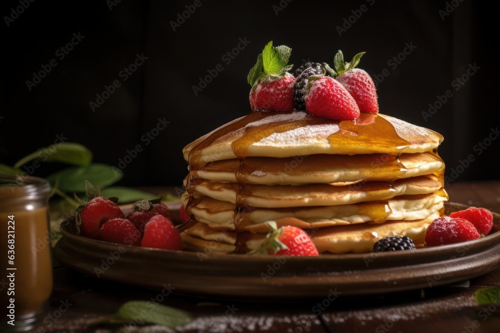 A stack of pancakes with syrup and berries on a plate, created by Generative AI A stack of pancakes with syrup and berries on a plate, created by Generative AI