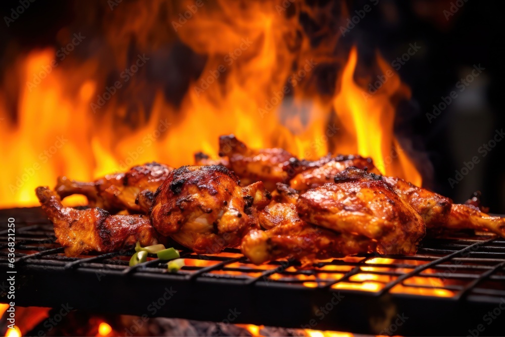 Grilled chicken on a grill with flames, created by Generative AI