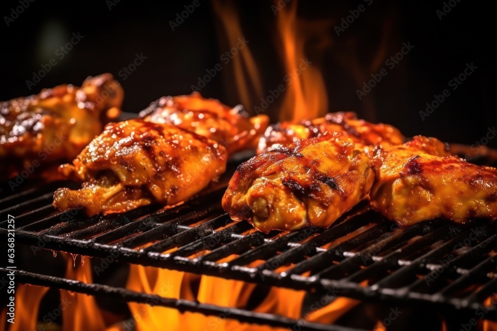 Grilled chicken on a grill with flames, created by Generative AI