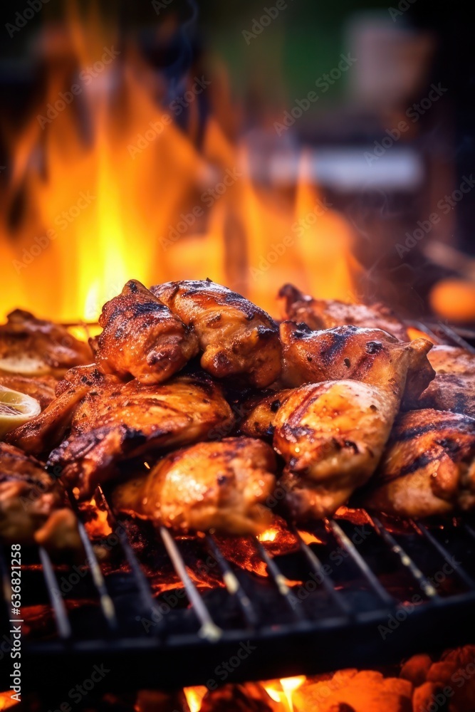Grilled chicken on a grill with flames, created by Generative AI Grilled chicken on a grill with flames, created by Generative AI