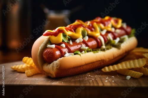A hot dog with toppings on a wooden table, created by Generative AI