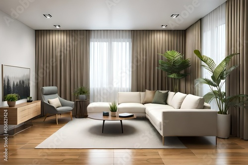 Stylish living room interior with modern light couch and home plants. Living room interior