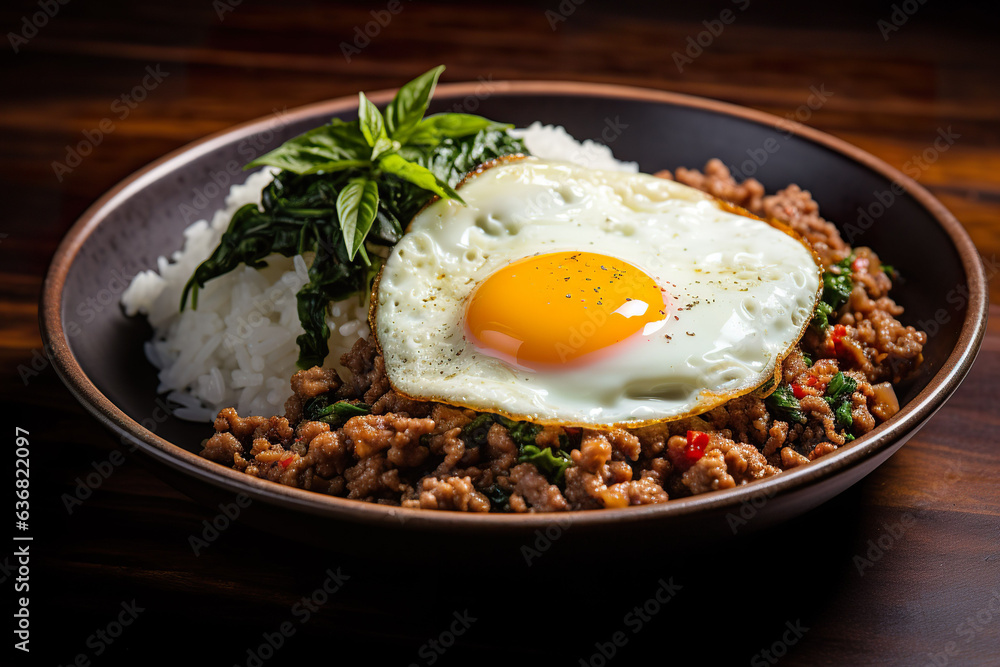 Basil minced pork with fried Egg with rice, thai food style. Basil minced pork with fried Egg with rice, thai food style.