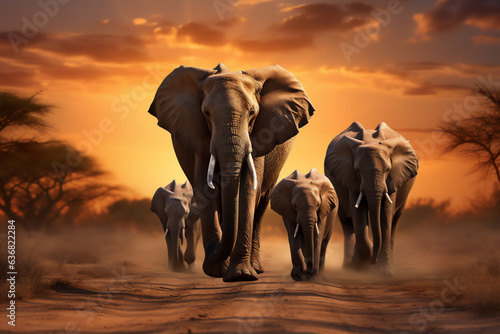 silhouette of elephants group walking in the savana africa in sunset with giant round sun, hyper realistic, dramatic light and shadows.
