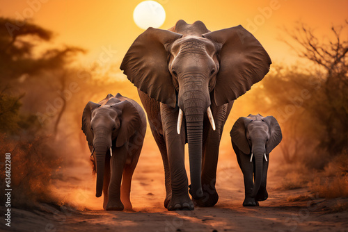 silhouette of elephants group walking in the savana africa in sunset with giant round sun, hyper realistic, dramatic light and shadows.
