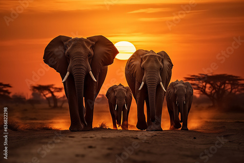 silhouette of elephants group walking in the savana africa in sunset with giant round sun, hyper realistic, dramatic light and shadows. © Maizal