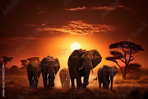 silhouette of elephants group walking in the savana africa in sunset with giant round sun  hyper realistic  dramatic light and shadows.
