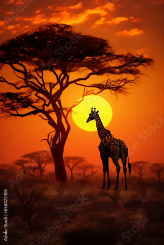 a group of giraffes walk in line and make a row in the savana africa in sunset with giant sun  super tele lense photograph  side angle  hyper realistic  dramatic light and shadows.