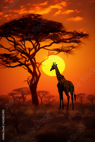 a group of giraffes walk in line and make a row in the savana africa in sunset with giant sun, super tele lense photograph, side angle, hyper realistic, dramatic light and shadows.