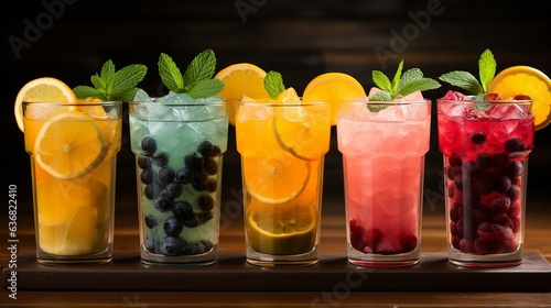 delicious iced fruit drinks in various flavours on a wooden background..