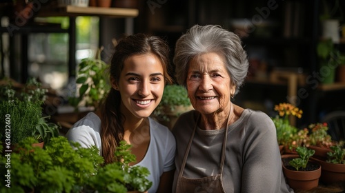 An elderly woman being supported by a kind nurse..