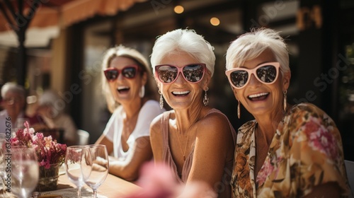 older women laughing and sipping wine together in a restaurant.